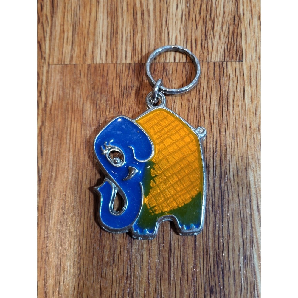 Vintage SWIB ELEPHANT Metal Enamel Silver Tone Keychain Key Chain Heavy